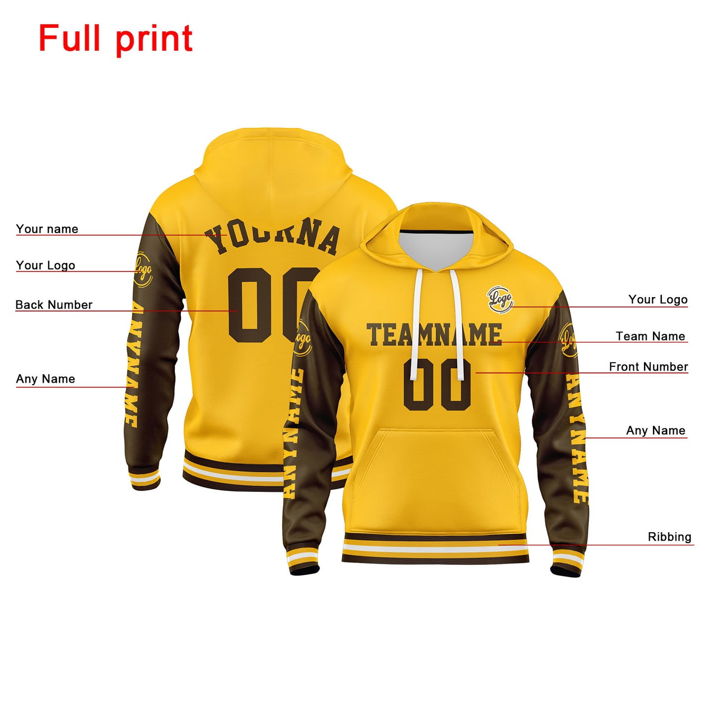 Custom Brown Yellow Hoodie Personalized Mens Pullover Hoodie Printed Team Name Number Logo for Women