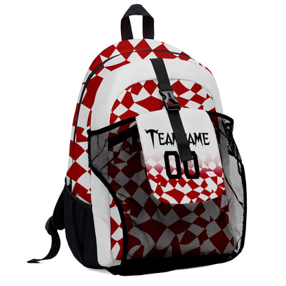 Customize Red White Sports Backpacks Featuring Personalized Names, Numbers and Logos