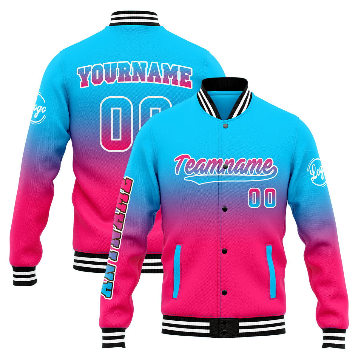 Custom Gradient Varsity Jacket Letterman jacket for Men, Women and Youth Light Blue Pink