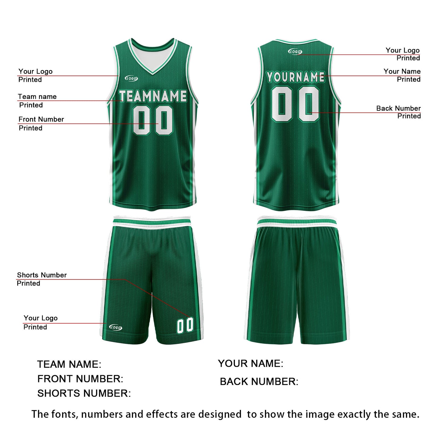 Custom Green White Reversible Basketball Suit for Adults and Kids Personalized Jersey