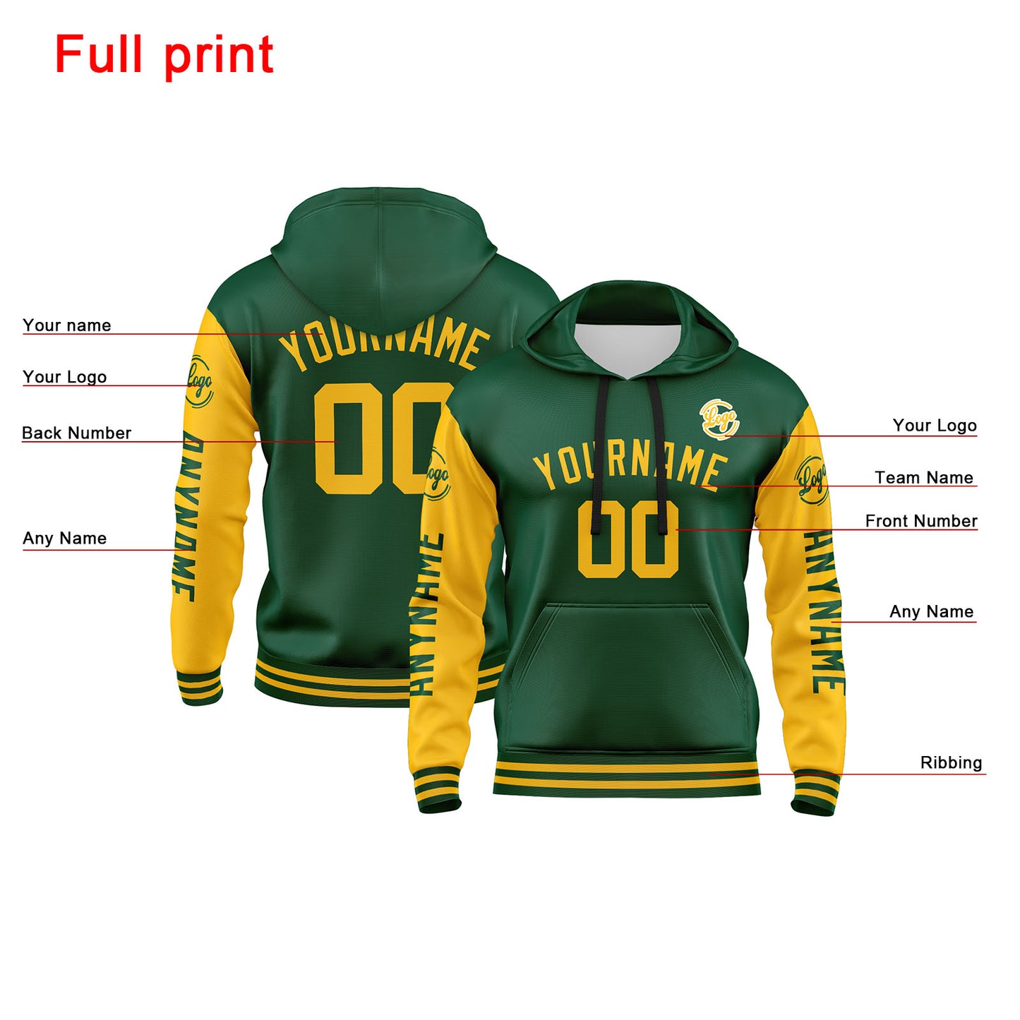 Custom Green Yellow  Hoodie Personalized Mens Pullover Hoodie Printed Team Name Number Logo for Women