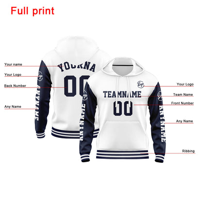 Custom Navy White Hoodie Personalized Mens Pullover Hoodie Printed Team Name Number Logo for Women