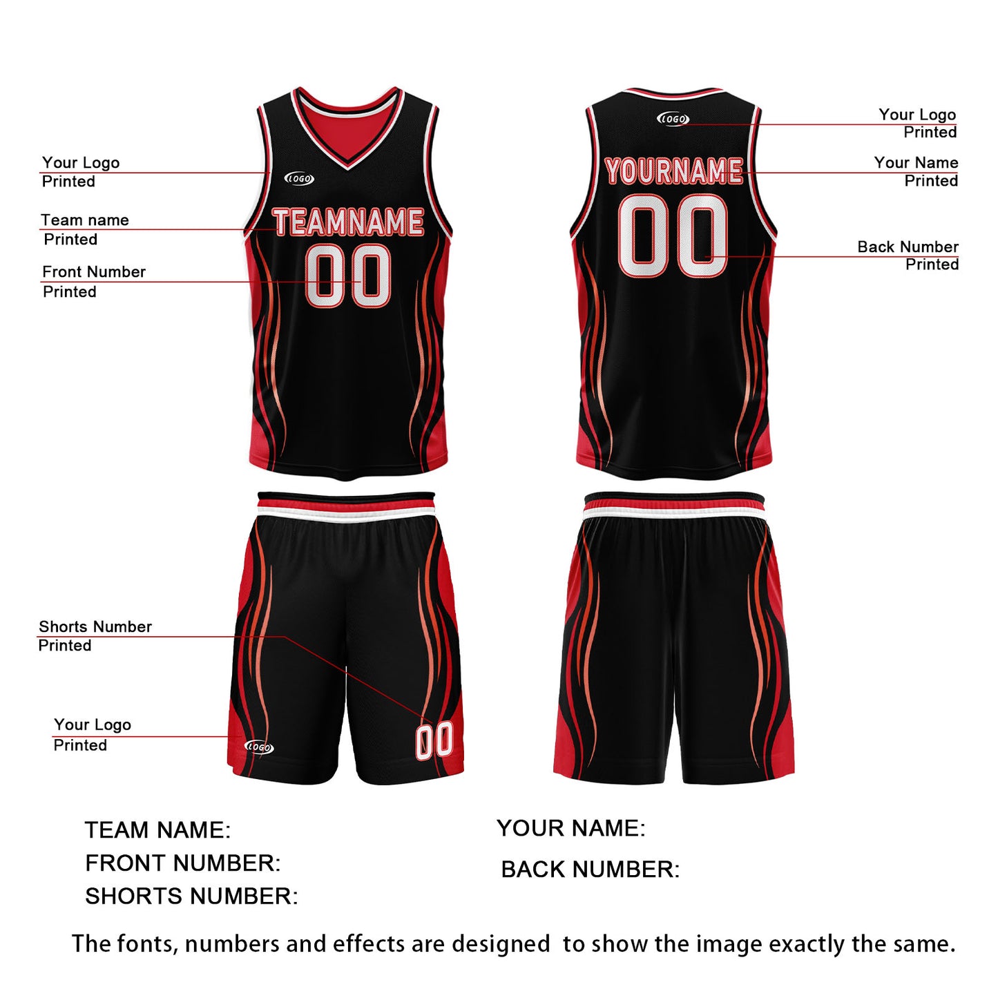 Custom Black Red Reversible Basketball Suit for Adults and Kids Personalized Jersey