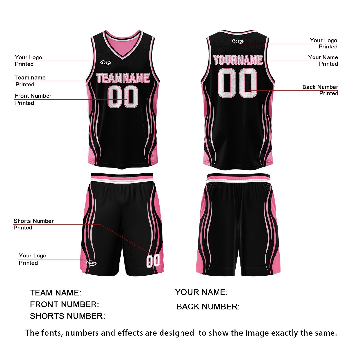 Custom Black Pink Reversible Basketball Suit for Adults and Kids Personalized Jersey