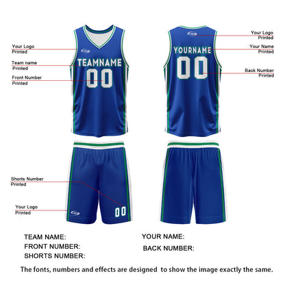 Custom Blue White Green Reversible Basketball Suit for Adults and Kids Personalized Jersey