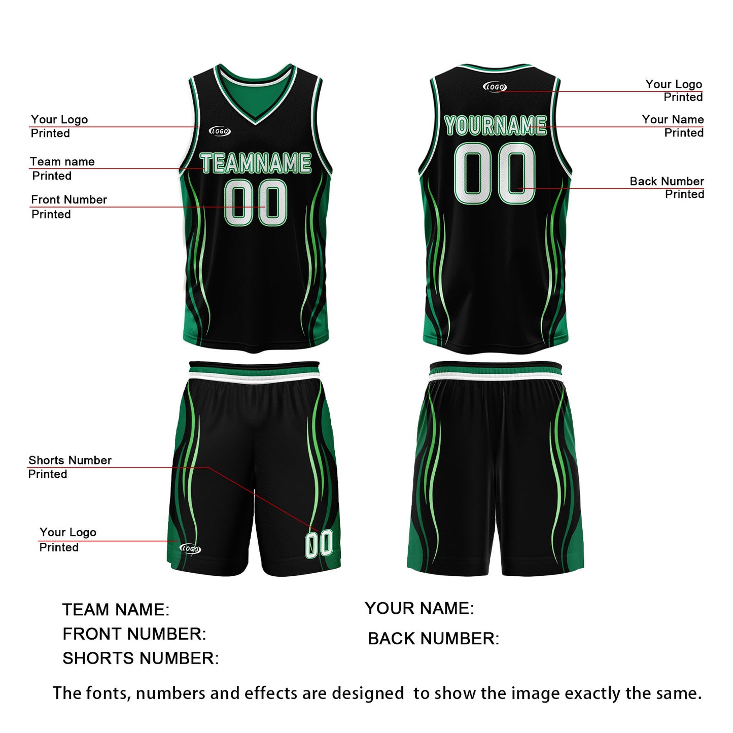 Custom Black Green Reversible Basketball Suit for Adults and Kids Personalized Jersey