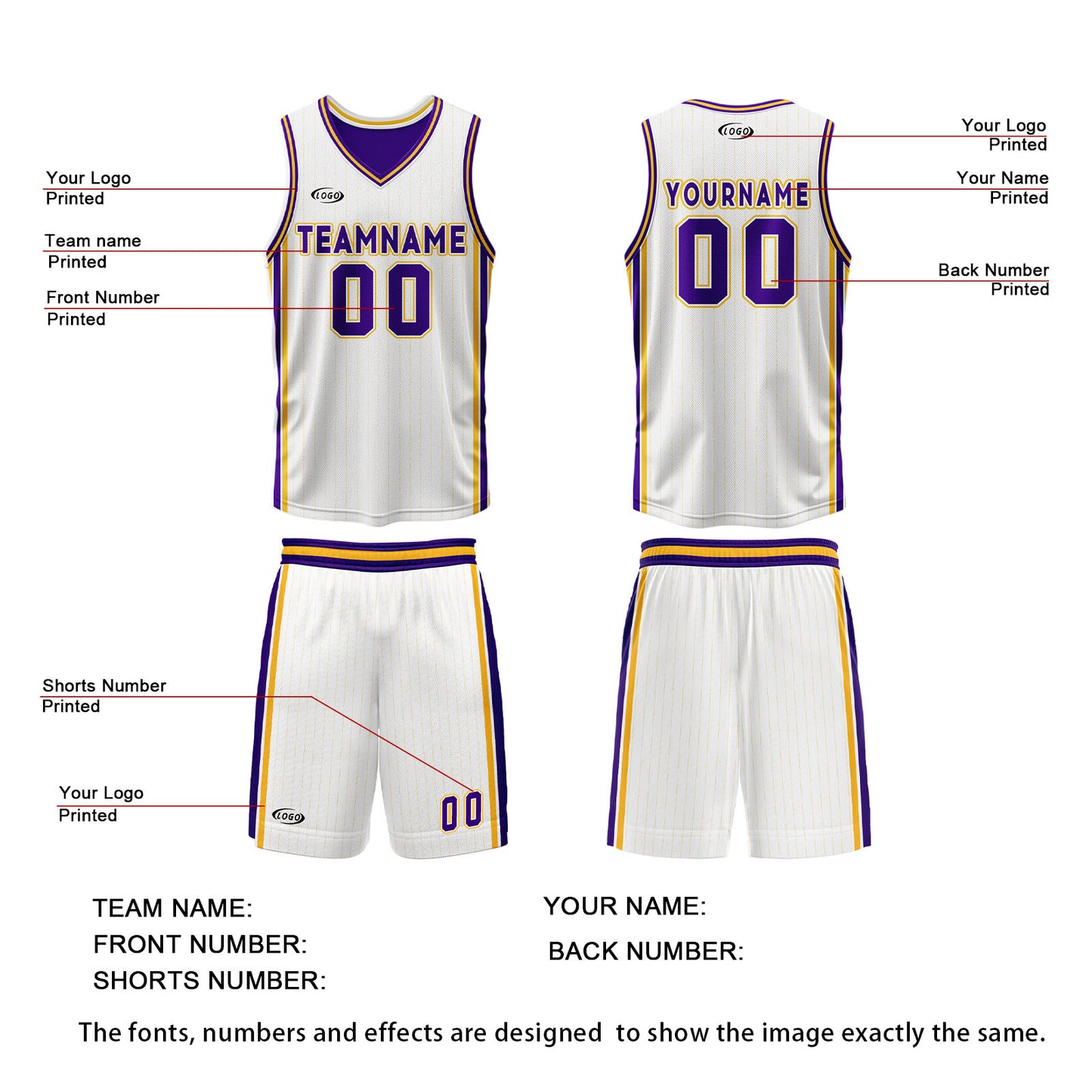 Custom White Purple Yellow Reversible Basketball Suit for Adults and Kids Personalized Jersey