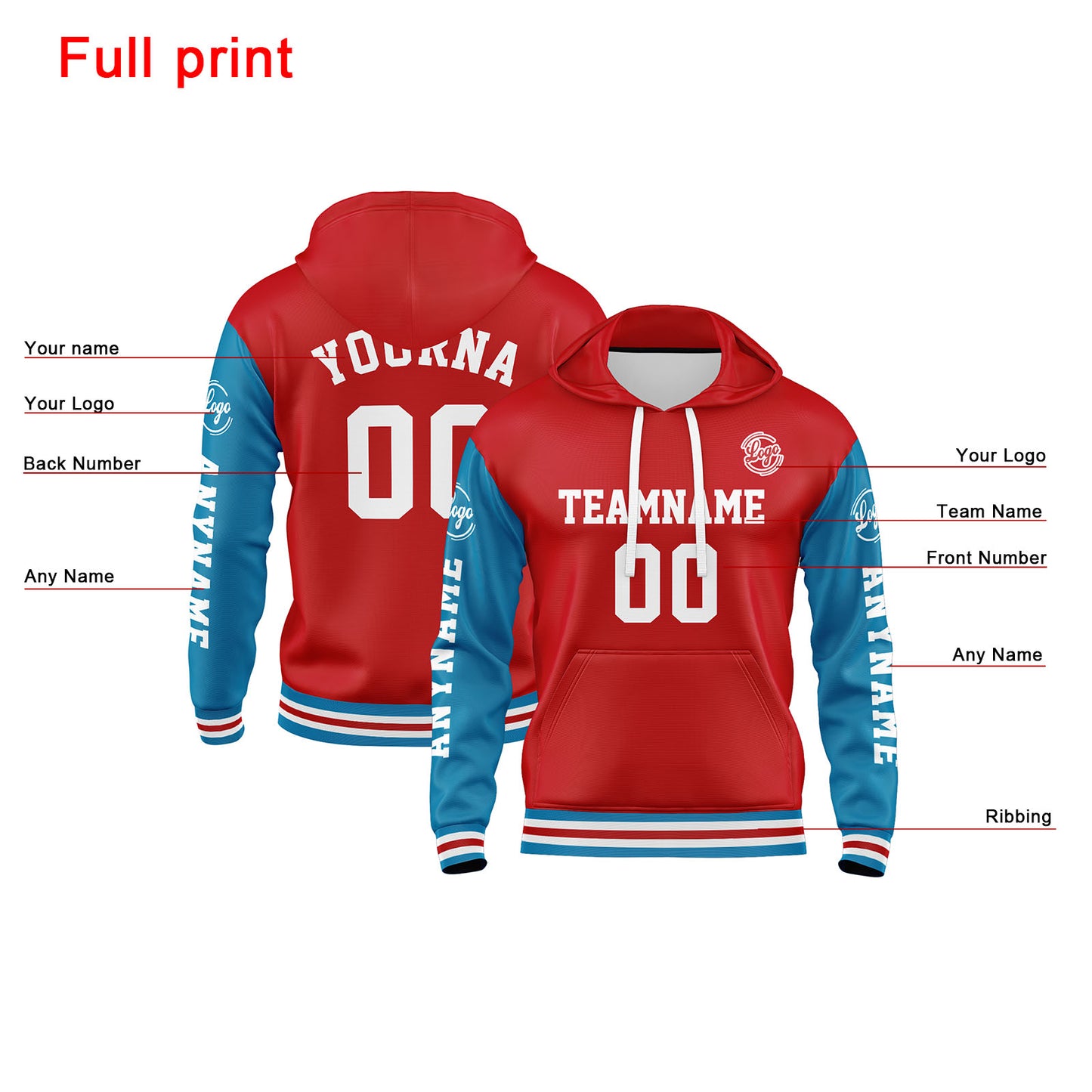 Custom Blue Red Hoodie Personalized Mens Pullover Hoodie Printed Team Name Number Logo for Women