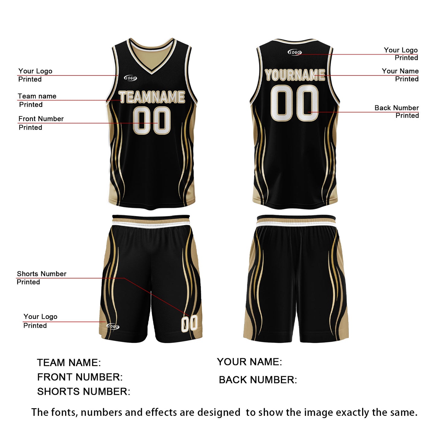 Custom Black Gold Reversible Basketball Suit for Adults and Kids Personalized Jersey