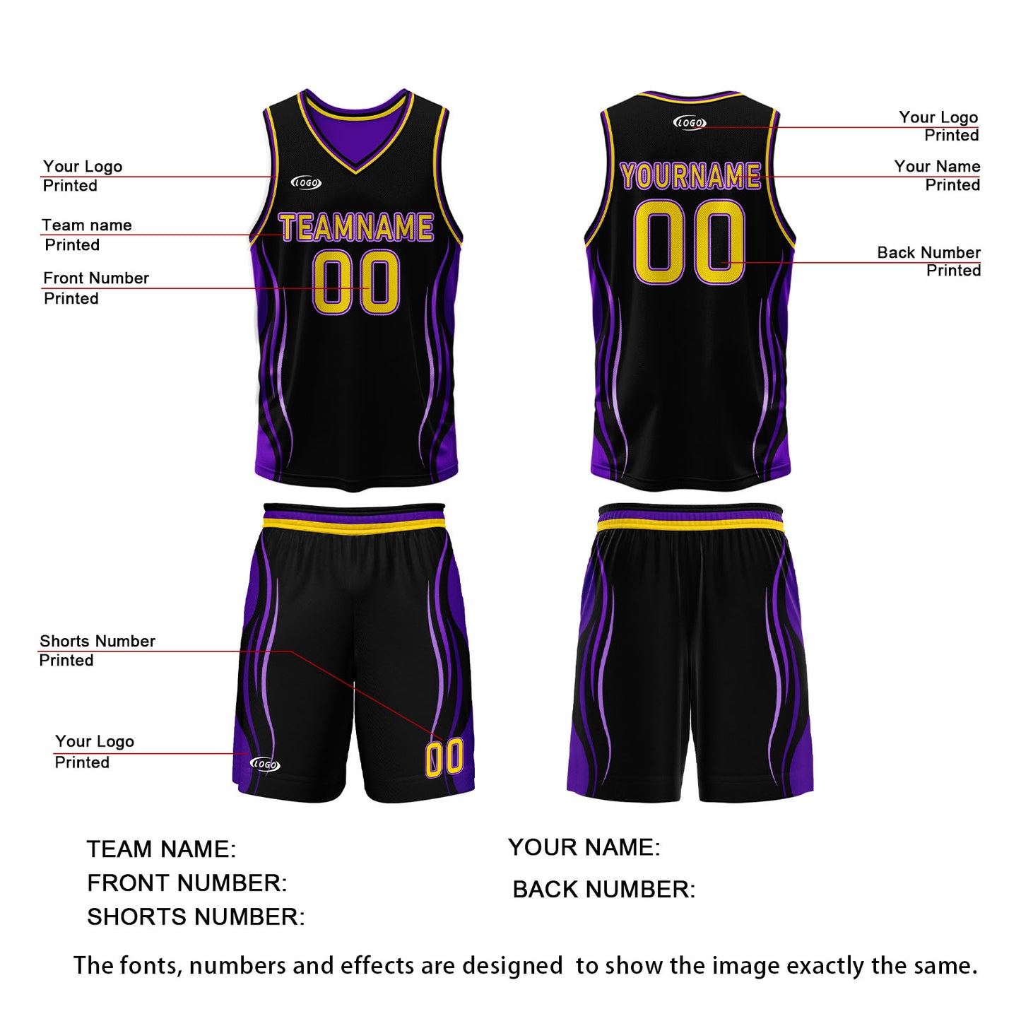 Custom Black Purple Yellow Reversible Basketball Suit for Adults and Kids Personalized Jersey