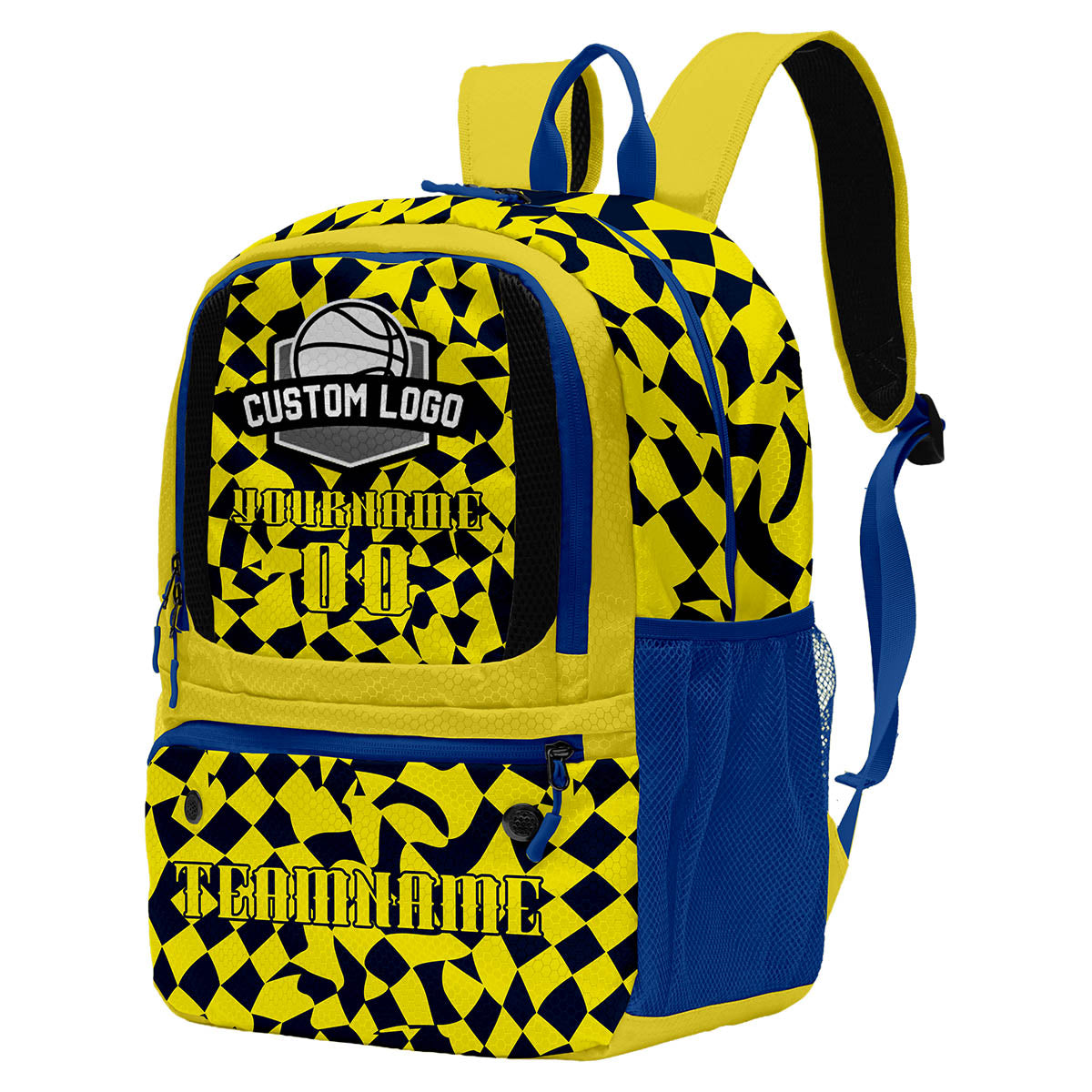 Custom Lemon Yellow Hidden Blue Basketball Soccer Backpack Personalized Player Names Numbers Team Logo #BB-0919-0018
