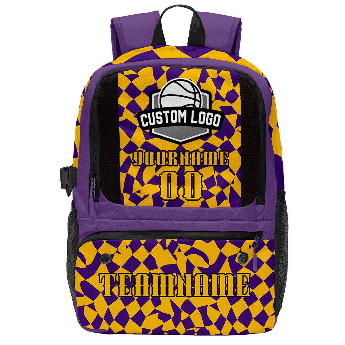 Custom Purple Bright Yellow Basketball Soccer Backpack Personalized Player Names Numbers Team Logo #BB-0919-0031