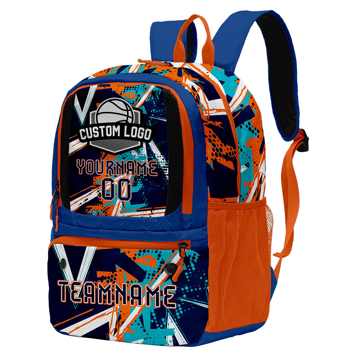 Custom Deep Blue Orange Basketball Soccer Backpack Personalized Player Names Numbers Team Logo #BB-0919-0014