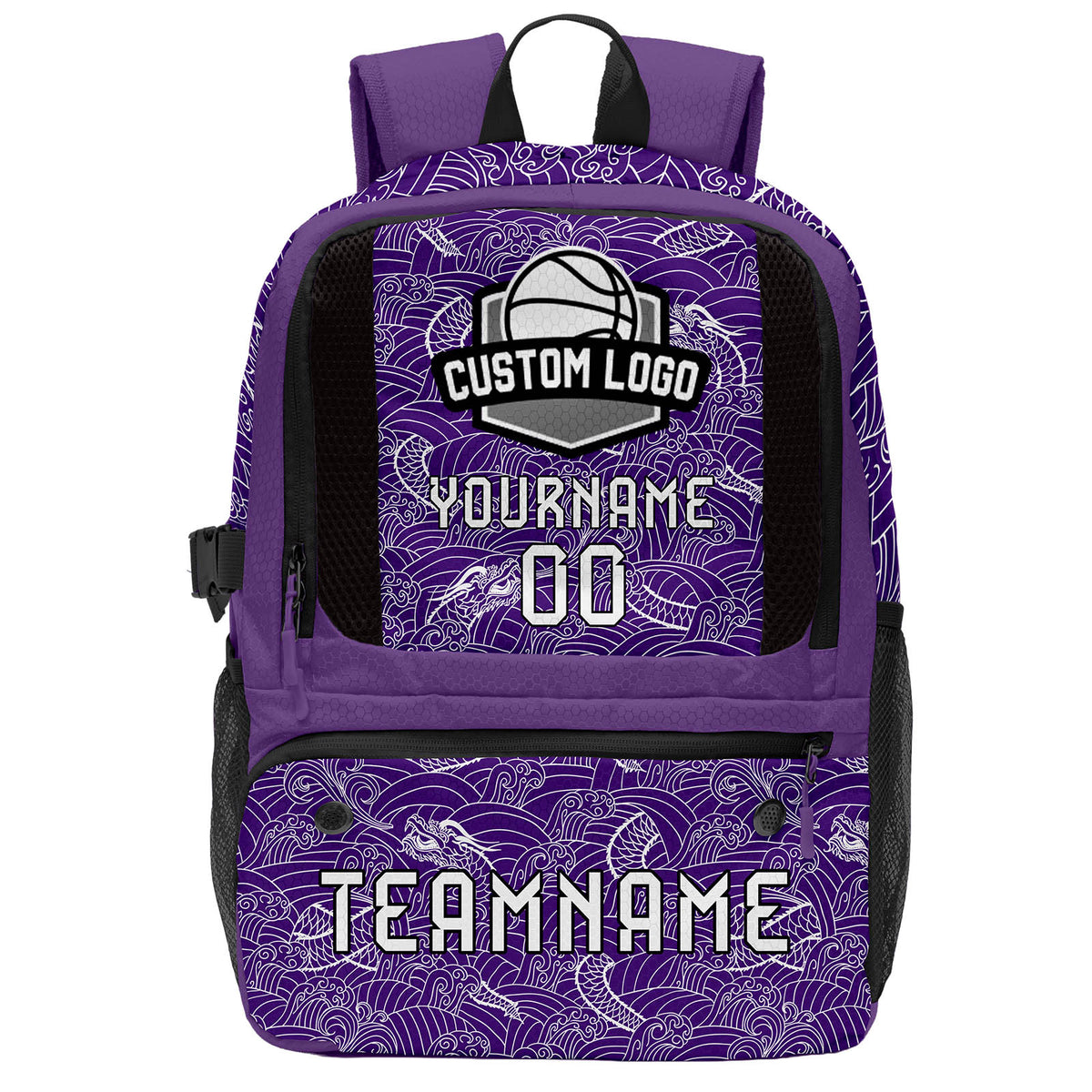 Custom Purple Black White Basketball Soccer Backpack Personalized Player Names Numbers Team Logo #BB-0919-0030