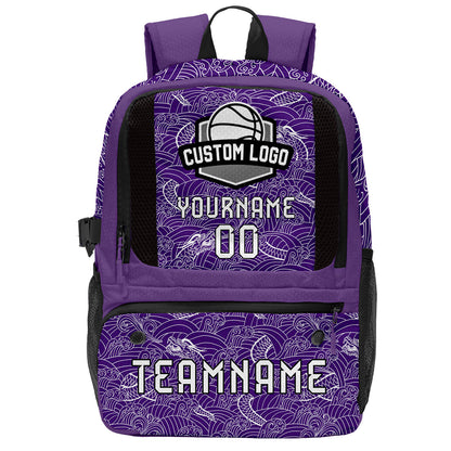 Custom Purple Black White Basketball Soccer Backpack Personalized Player Names Numbers Team Logo #BB-0919-0030
