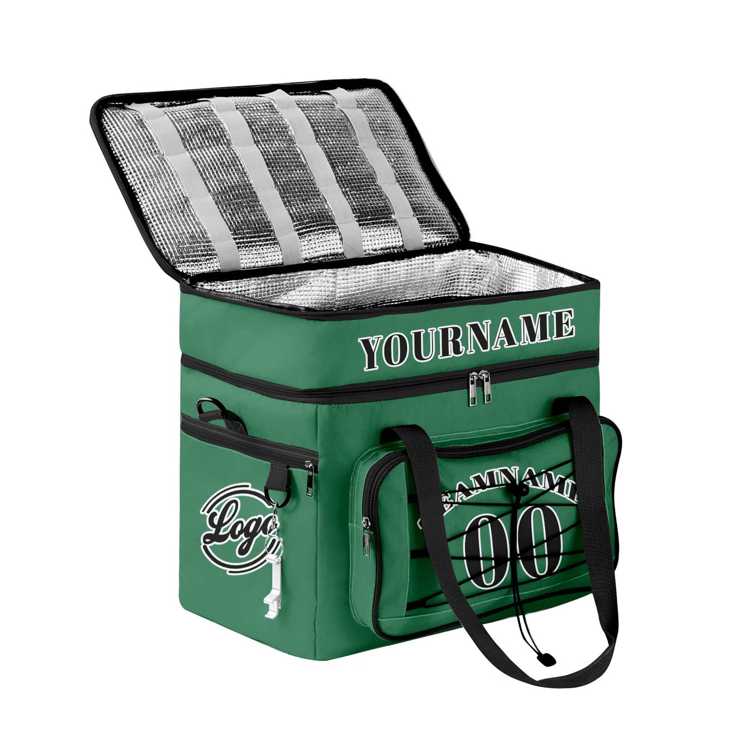 Custom Green Black All-Over Print Double Layer Insulated Cooler Bag - Waterproof 600D Oxford Picnic Tote for Team Events & Outdoor BBQ