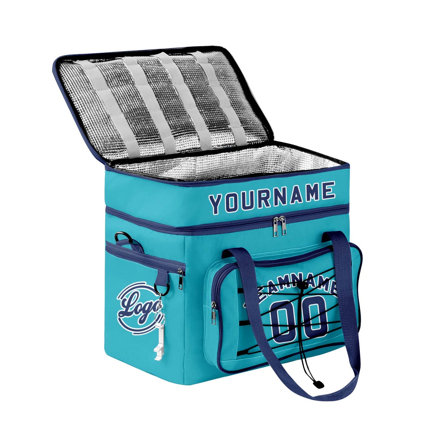 Custom Cyan Blue All-Over Print Double Layer Insulated Cooler Bag - Waterproof 600D Oxford Picnic Tote for Team Events & Outdoor BBQ