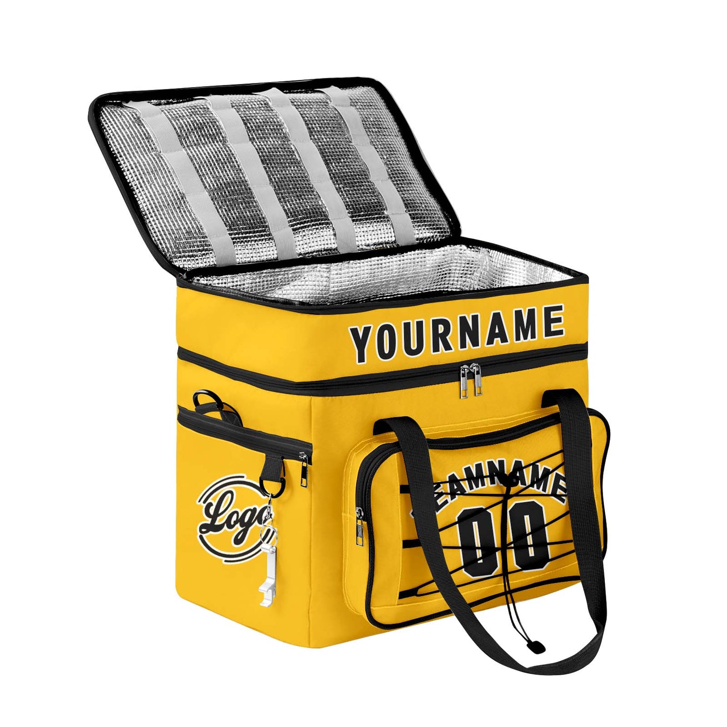 Custom Yellow Black All-Over Print Double Layer Insulated Cooler Bag - Waterproof 600D Oxford Picnic Tote for Team Events & Outdoor BBQ