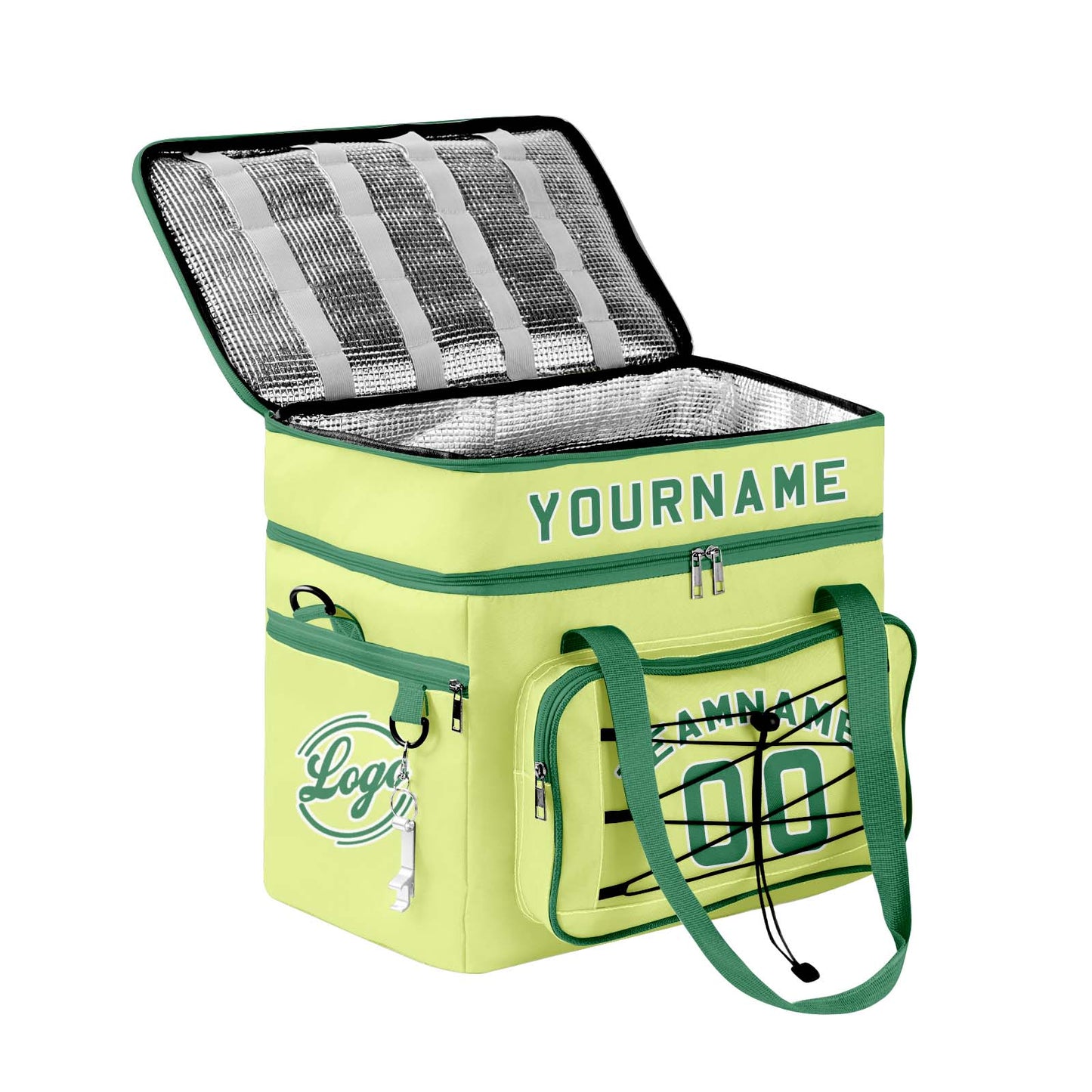 Custom Green White All-Over Print Double Layer Insulated Cooler Bag - Waterproof 600D Oxford Picnic Tote for Team Events & Outdoor BBQ