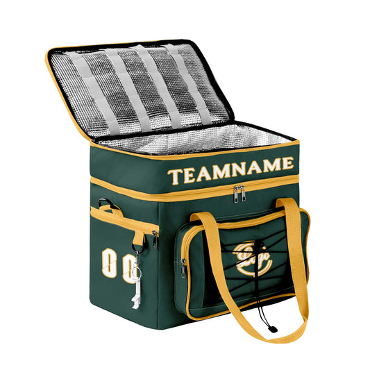 Custom Dark Green Yellow Double Layer Insulated Cooler Bag - 600D Oxford Waterproof Picnic Tote for Camping, Hiking & BBQ - Large Capacity Thermal Lunch Bag
