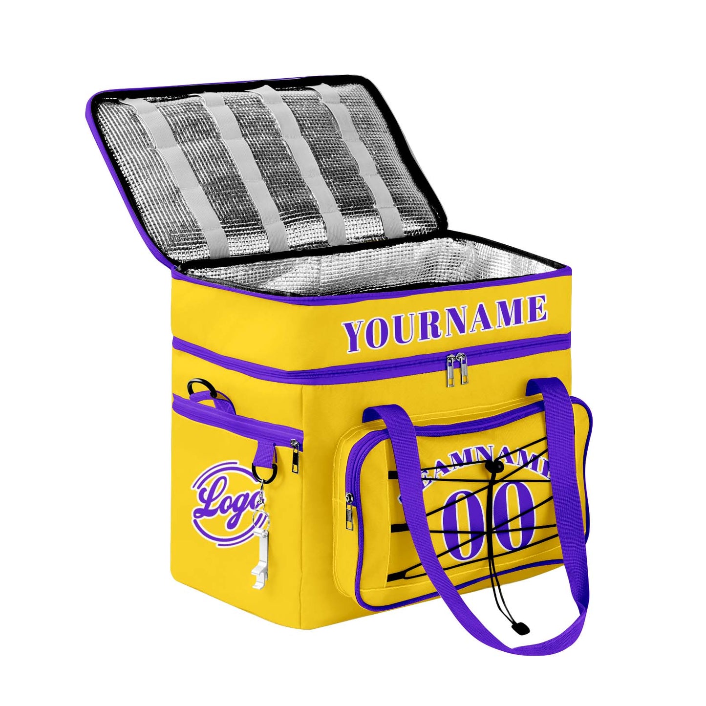 Custom Yellow Purple All-Over Print Double Layer Insulated Cooler Bag - Waterproof 600D Oxford Picnic Tote for Team Events & Outdoor BBQ