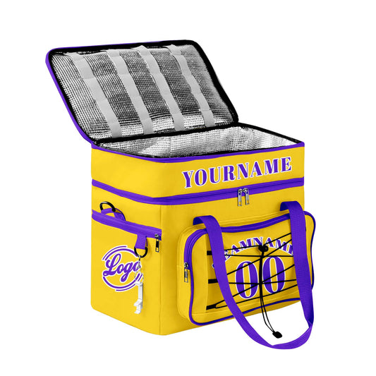Custom Yellow Purple All-Over Print Double Layer Insulated Cooler Bag - Waterproof 600D Oxford Picnic Tote for Team Events & Outdoor BBQ