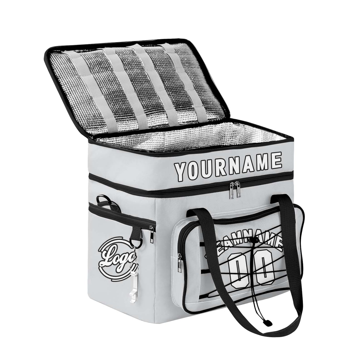 Custom Grey Black All-Over Print Double Layer Insulated Cooler Bag - Waterproof 600D Oxford Picnic Tote for Team Events & Outdoor BBQ