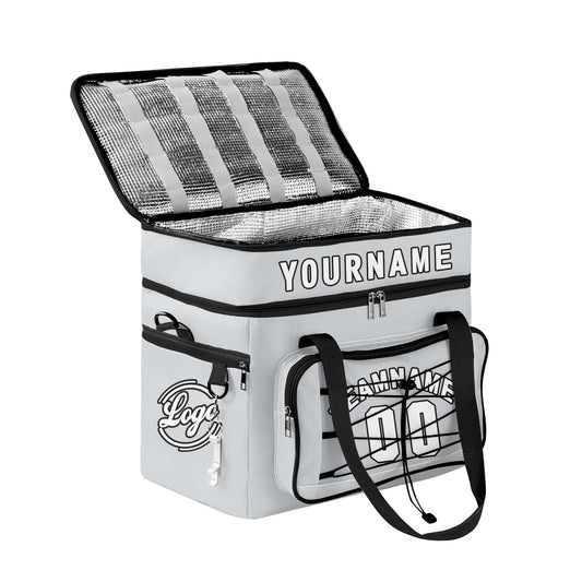 Custom Grey Black All-Over Print Double Layer Insulated Cooler Bag - Waterproof 600D Oxford Picnic Tote for Team Events & Outdoor BBQ