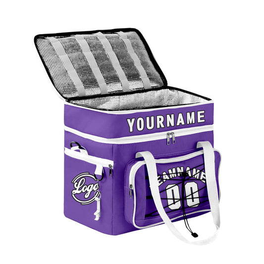 Custom Purple White All-Over Print Double Layer Insulated Cooler Bag - Waterproof 600D Oxford Picnic Tote for Team Events & Outdoor BBQ