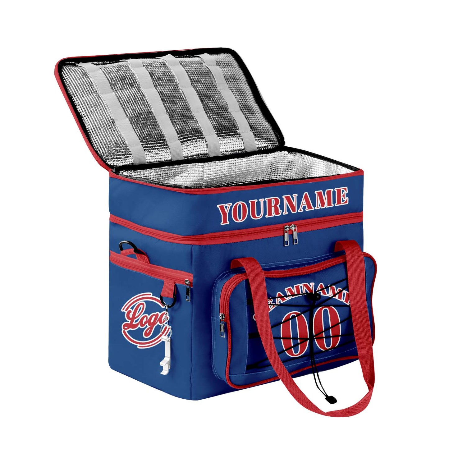 Custom Blue Red All-Over Print Double Layer Insulated Cooler Bag - Waterproof 600D Oxford Picnic Tote for Team Events & Outdoor BBQ