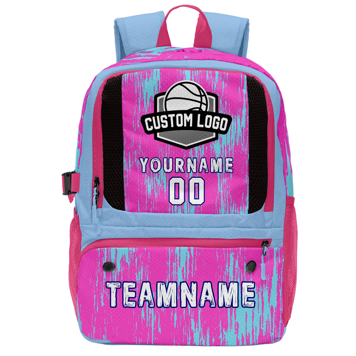 Custom Rose Pink Light Blue Basketball Soccer Backpack Personalized Player Names Numbers Team Logo #BB-0919-0035