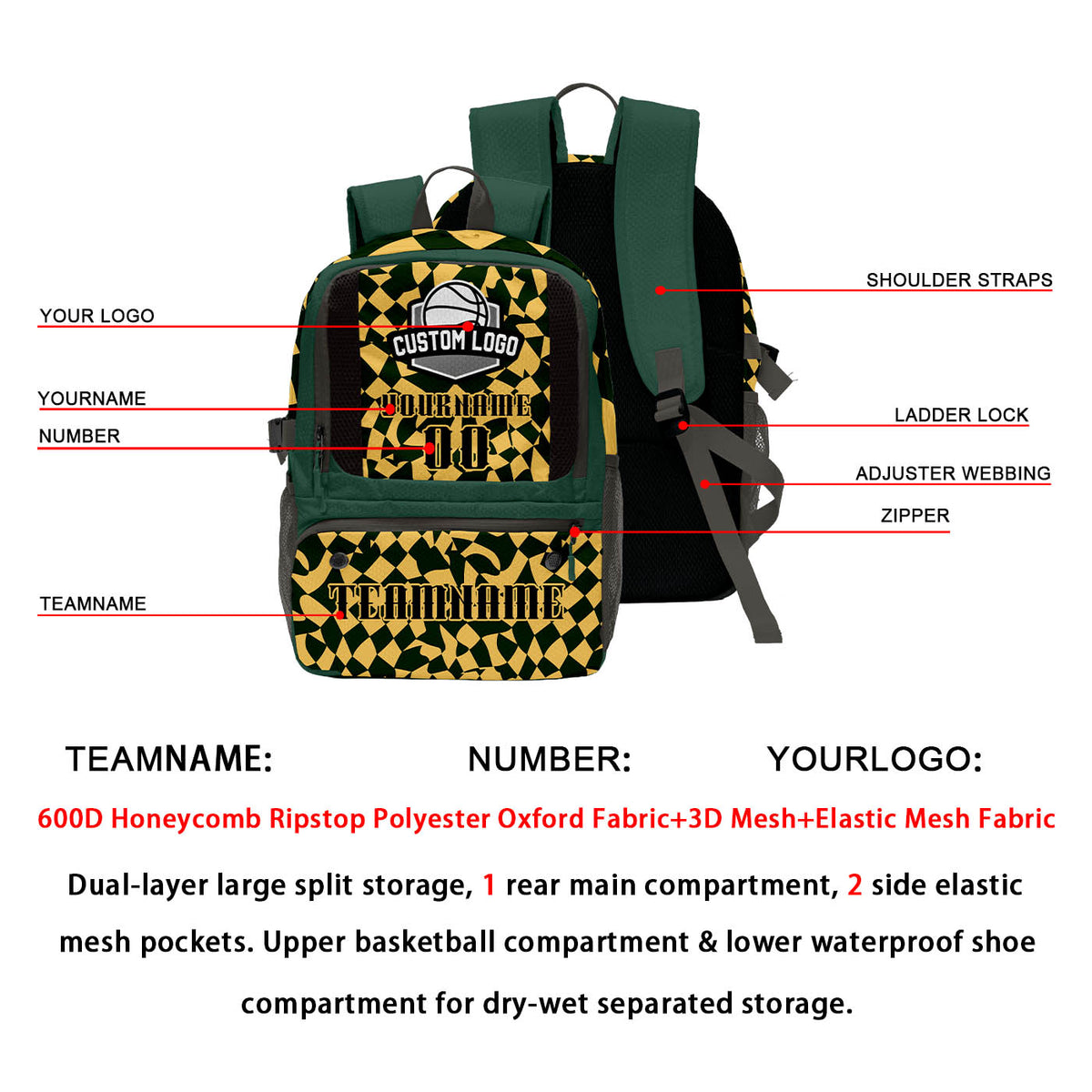 Custom Olive Green Gold Basketball Soccer Backpack Personalized Player Names Numbers Team Logo #BB-0919-0022