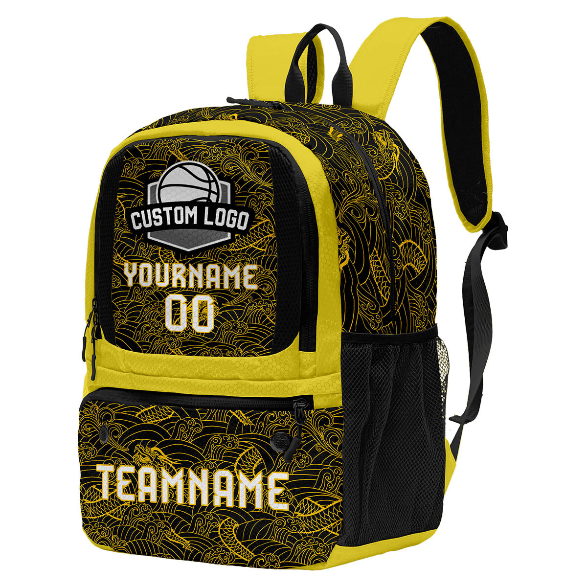 Custom Yellow Black Basketball Soccer Backpack Personalized Player Names Numbers Team Logo #BB-0919-0040