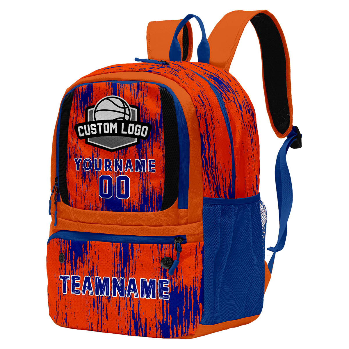 Custom Bright Orange and Royal Blue Basketball Soccer Backpack Personalized Player Names Numbers Team Logo #BB-0919-0008