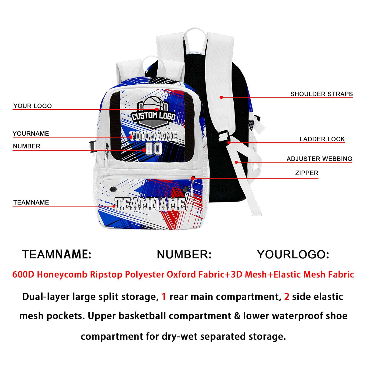 Custom White Basketball Soccer Backpack Personalized Player Names - Numbers & Team Logo #150-BP-0914-0022