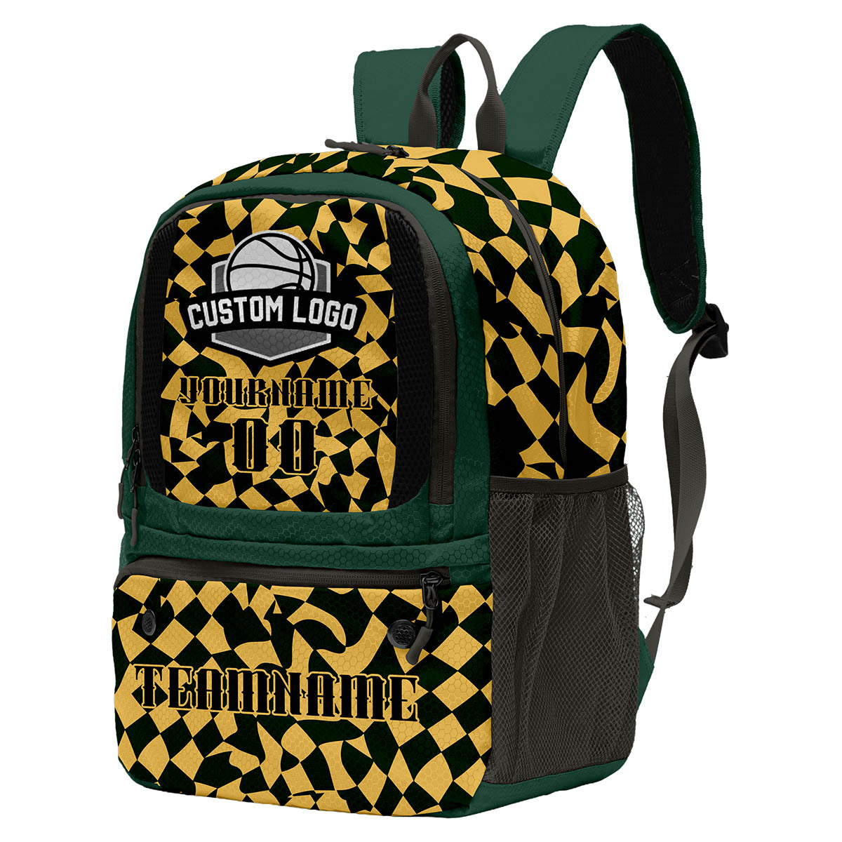 Custom Olive Green Gold Basketball Soccer Backpack Personalized Player Names Numbers Team Logo #BB-0919-0022