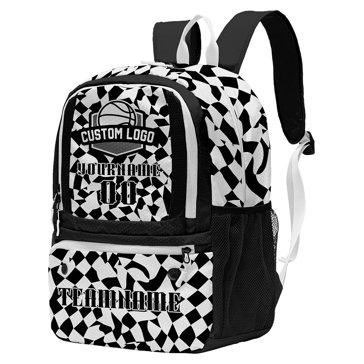 Custom Black White Basketball Soccer Backpack Personalized Player Names Numbers Team Logo #BB-0919-0001