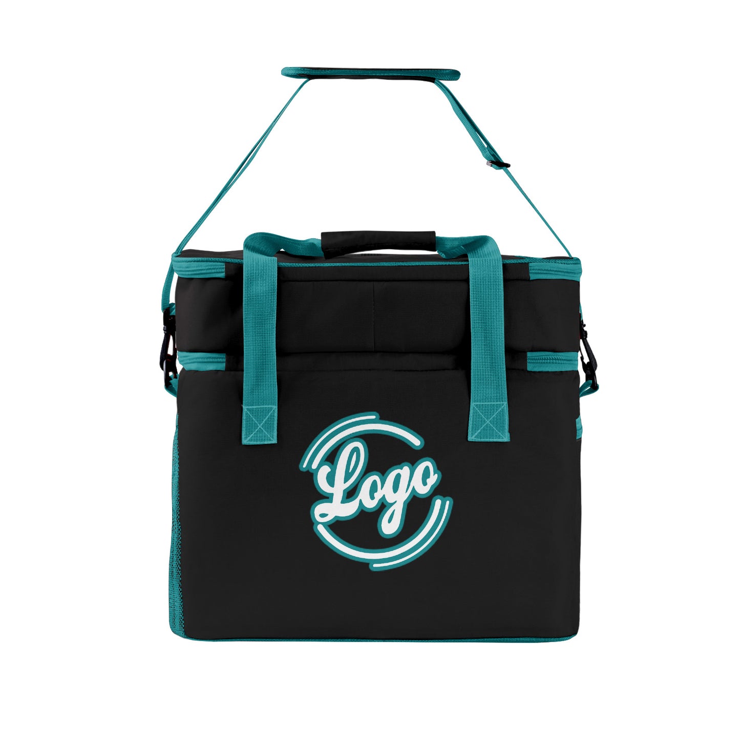 Custom Black Cyan Double Layer Insulated Cooler Bag - 600D Oxford Waterproof Picnic Tote for Camping, Hiking & BBQ - Large Capacity Thermal Lunch Bag
