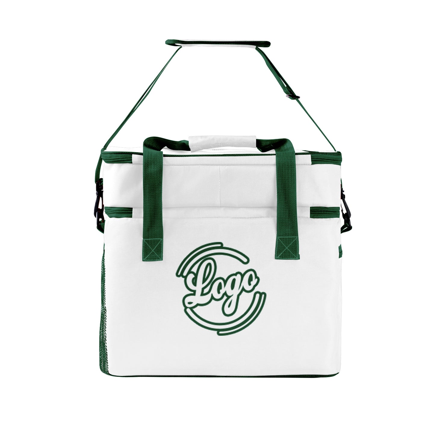 Custom White Dark Green Double Layer Insulated Cooler Bag - 600D Oxford Waterproof Picnic Tote for Camping, Hiking & BBQ - Large Capacity Thermal Lunch Bag