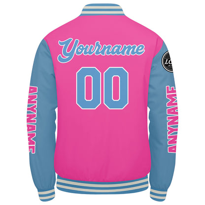 Custom Pink Light Blue Varsity Jackets for Men Women Youth Personalized Letterman Jackets