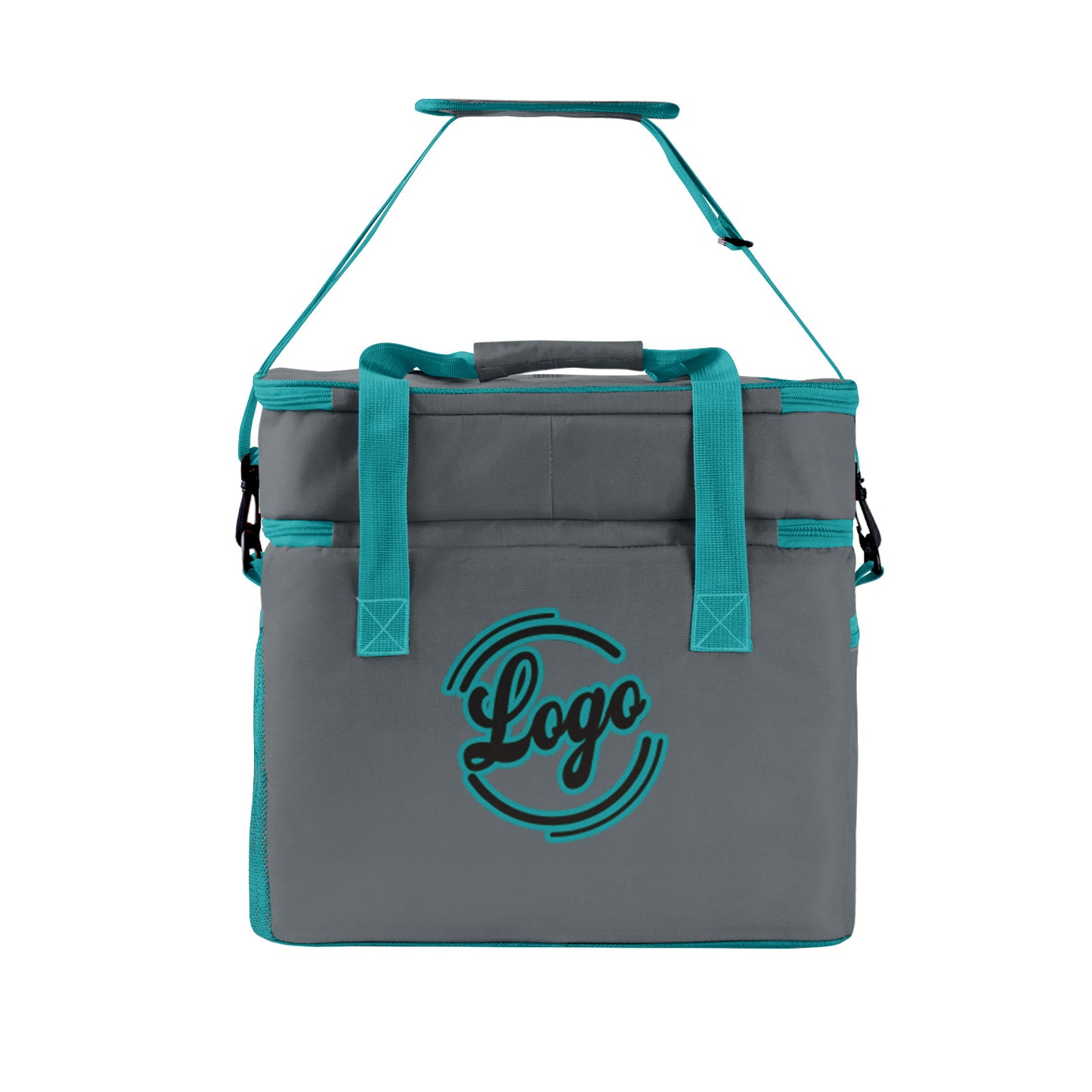 Custom Gray Cyan Double Layer Insulated Cooler Bag - 600D Oxford Waterproof Picnic Tote for Camping, Hiking & BBQ - Large Capacity Thermal Lunch Bag