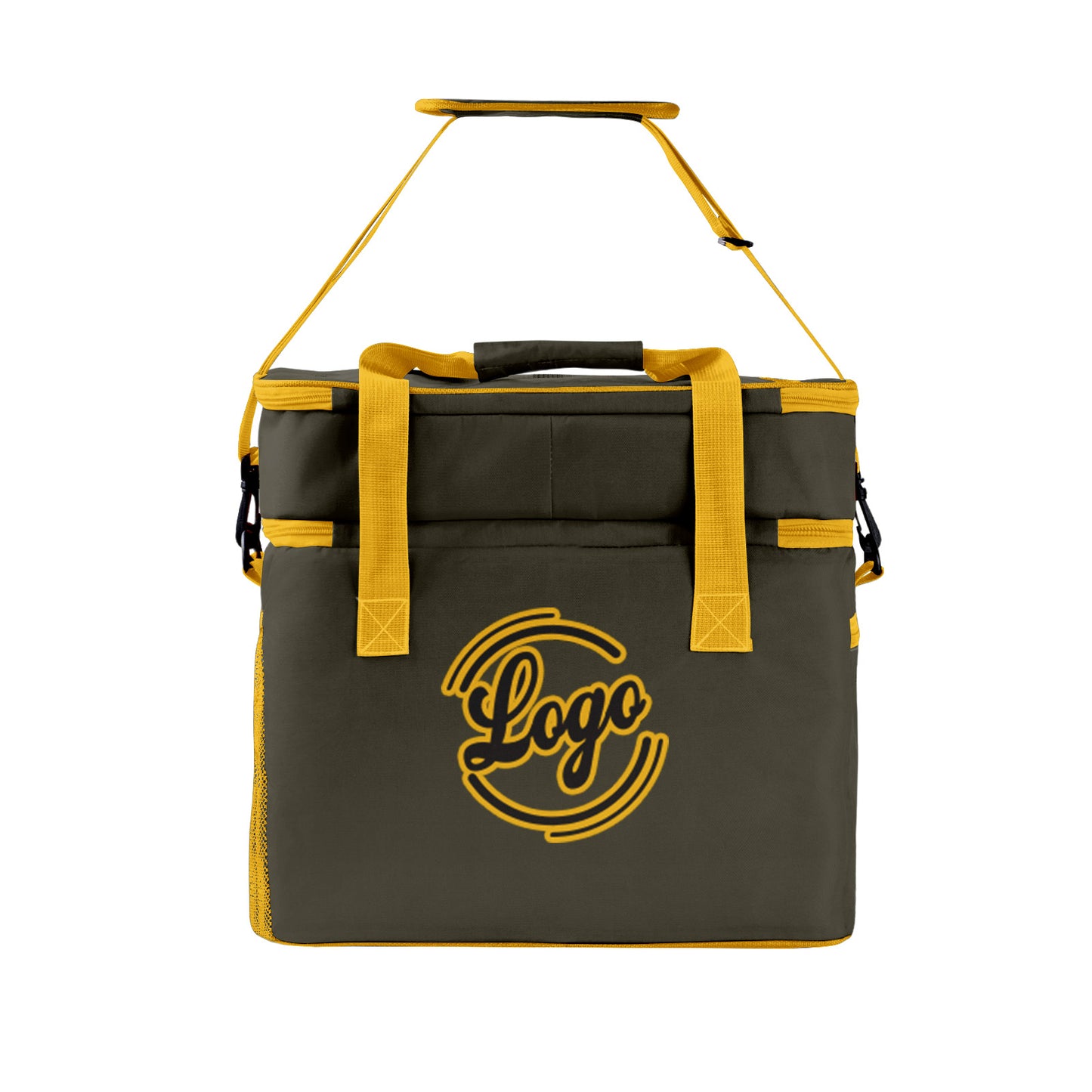 Custom Dark Green Yellow Double Layer Insulated Cooler Bag - 600D Oxford Waterproof Picnic Tote for Camping, Hiking & BBQ - Large Capacity Thermal Lunch Bag