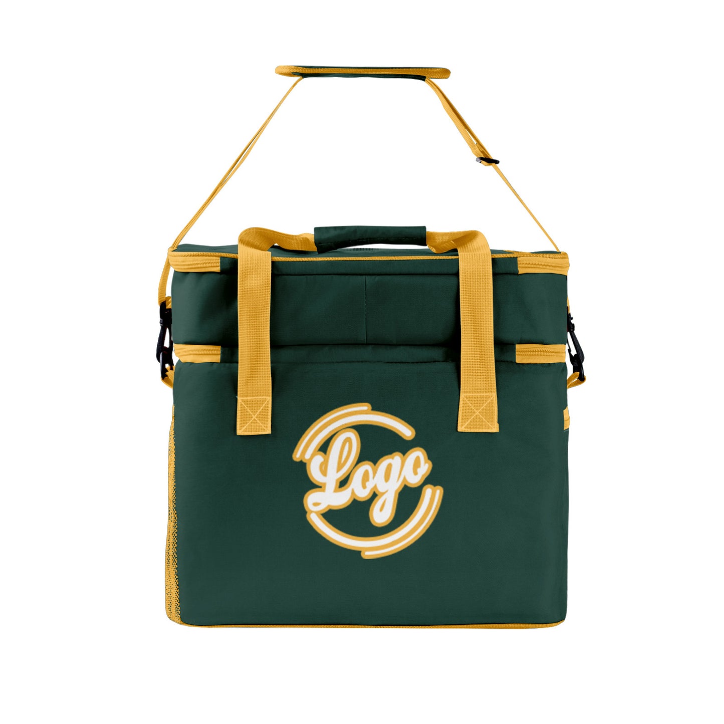 Custom Dark Green Yellow Double Layer Insulated Cooler Bag - 600D Oxford Waterproof Picnic Tote for Camping, Hiking & BBQ - Large Capacity Thermal Lunch Bag