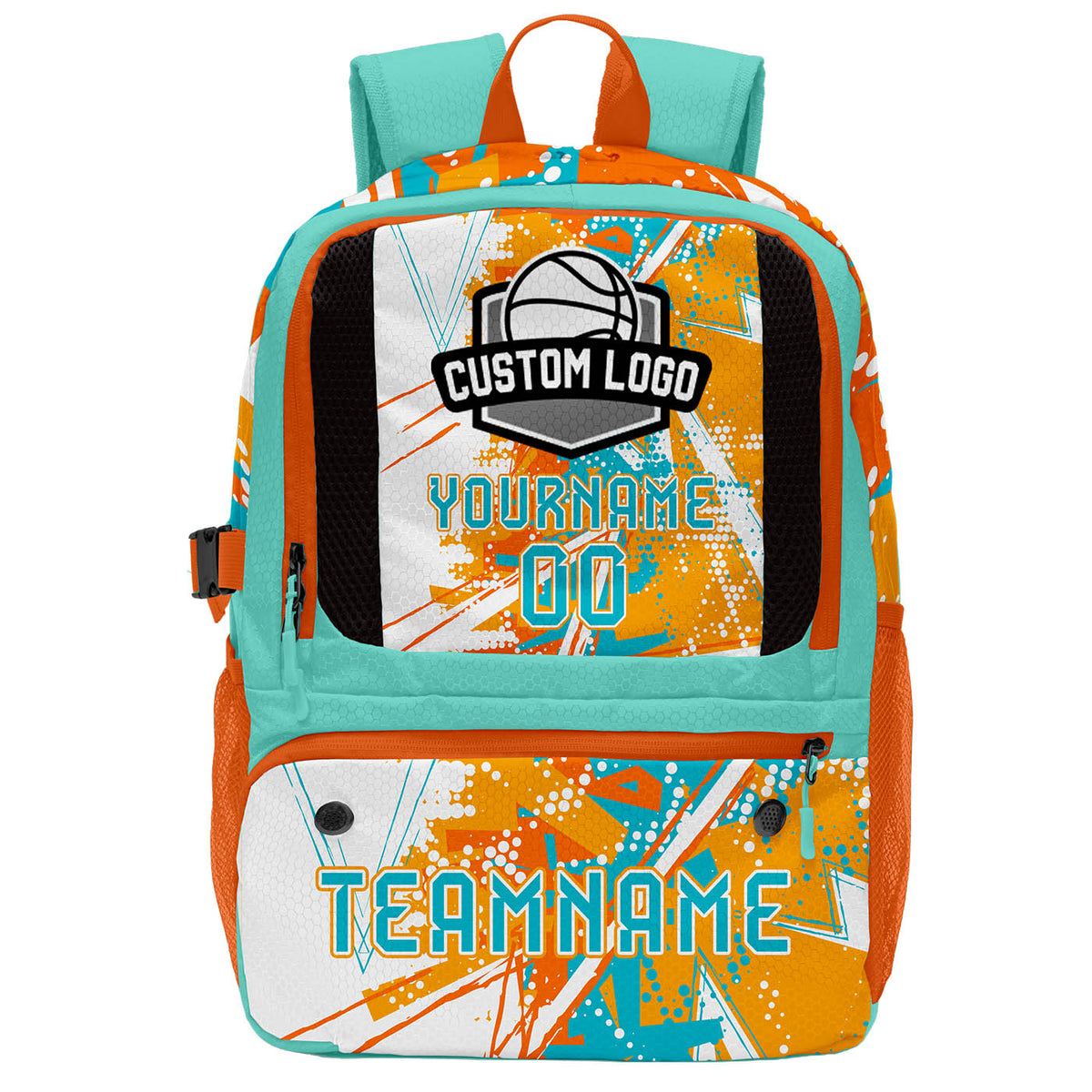 Custom Orange White Cyan Basketball Soccer Backpack Personalized Player Names Numbers Team Logo #BB-0919-0026