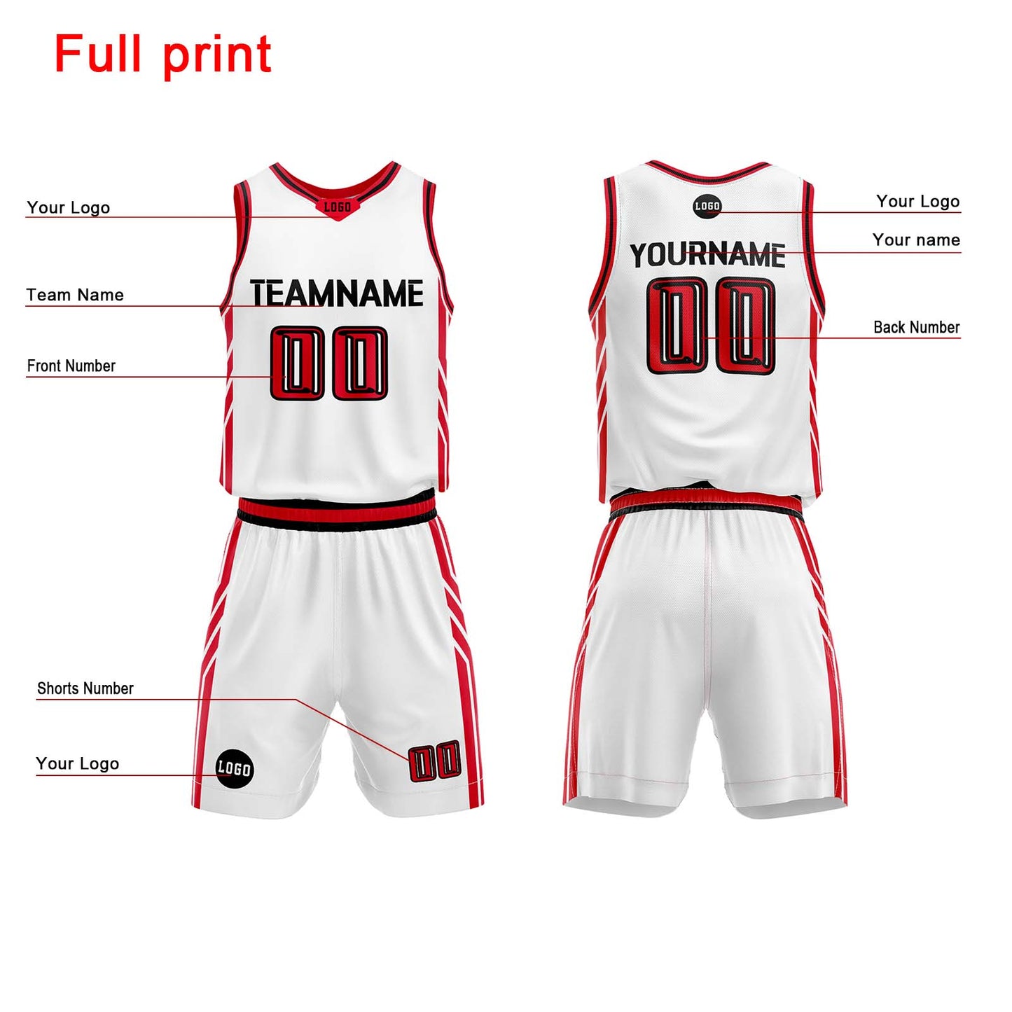 Custom White Black Red Basketball Jersey Uniform Suit Printed Your Logo Name Number