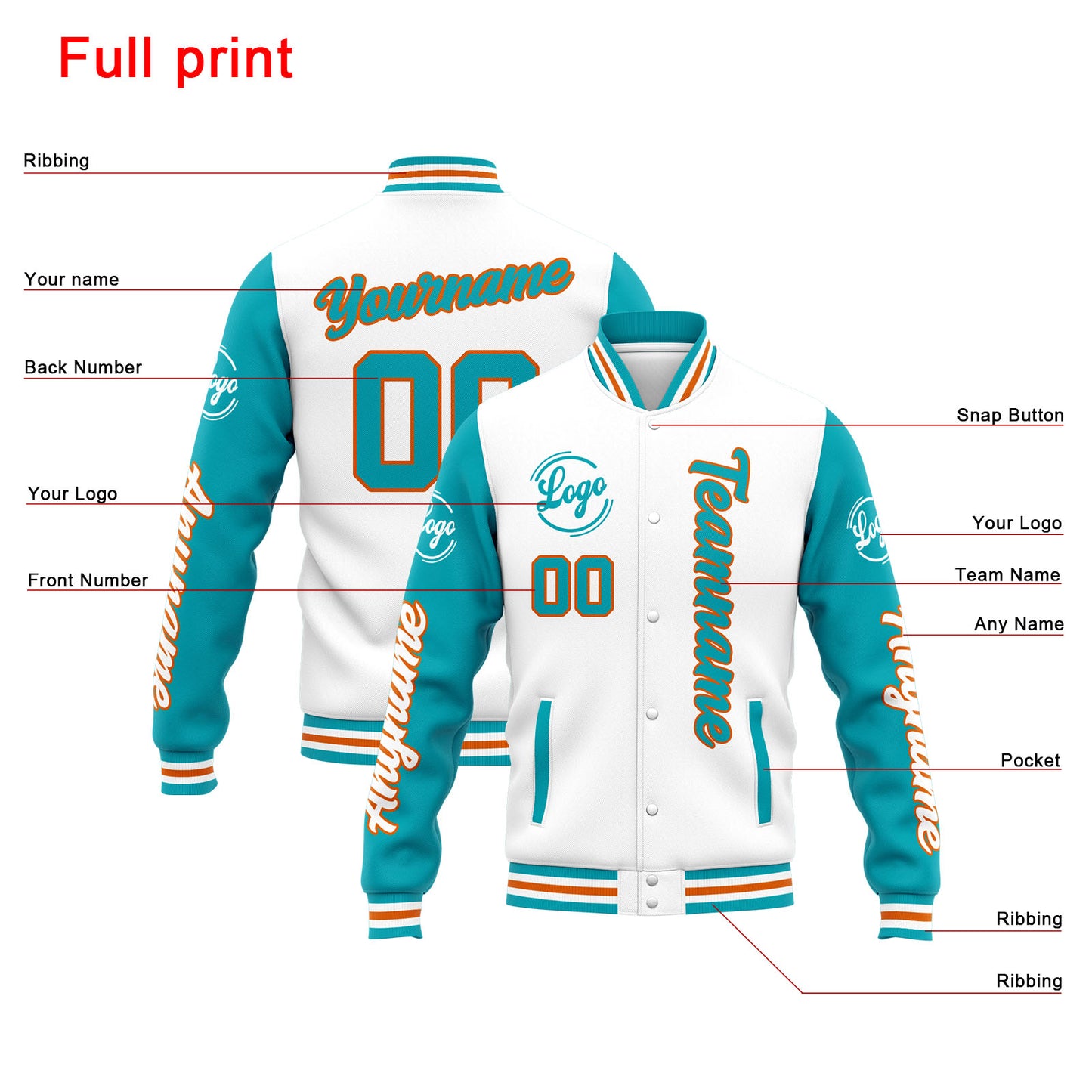 Custom Varsity Jacket Letterman jacket for Men, Women and Youth White Teal
