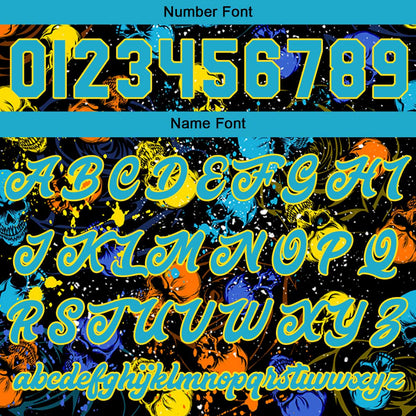 Custom Splashing skeletons & Blue yellow Varsity Jacket for Men Women and Youth with Personalized Letterman Jacket