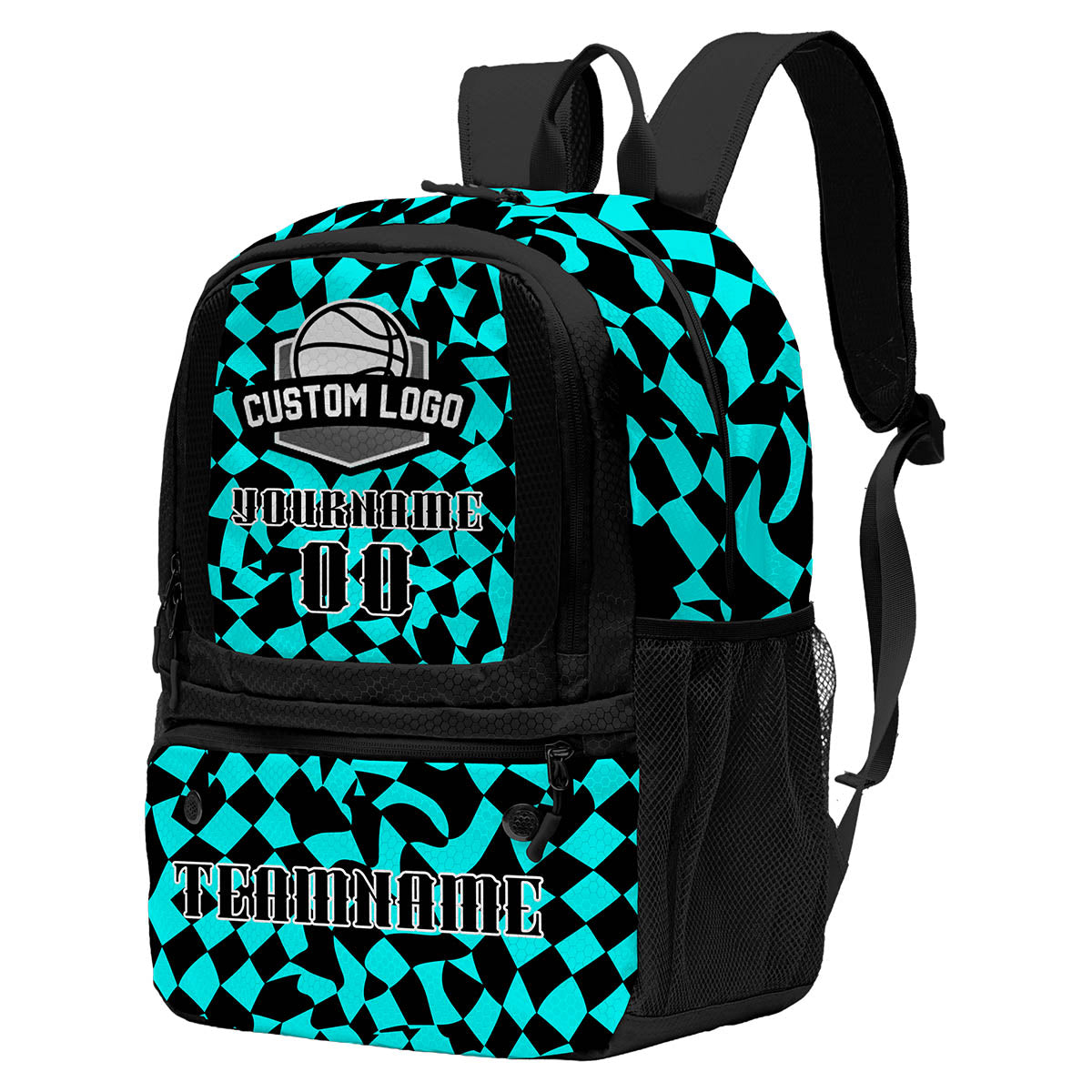 Custom Cyan Black Basketball Soccer Backpack Personalized Player Names Numbers Team Logo #BB-0919-0011