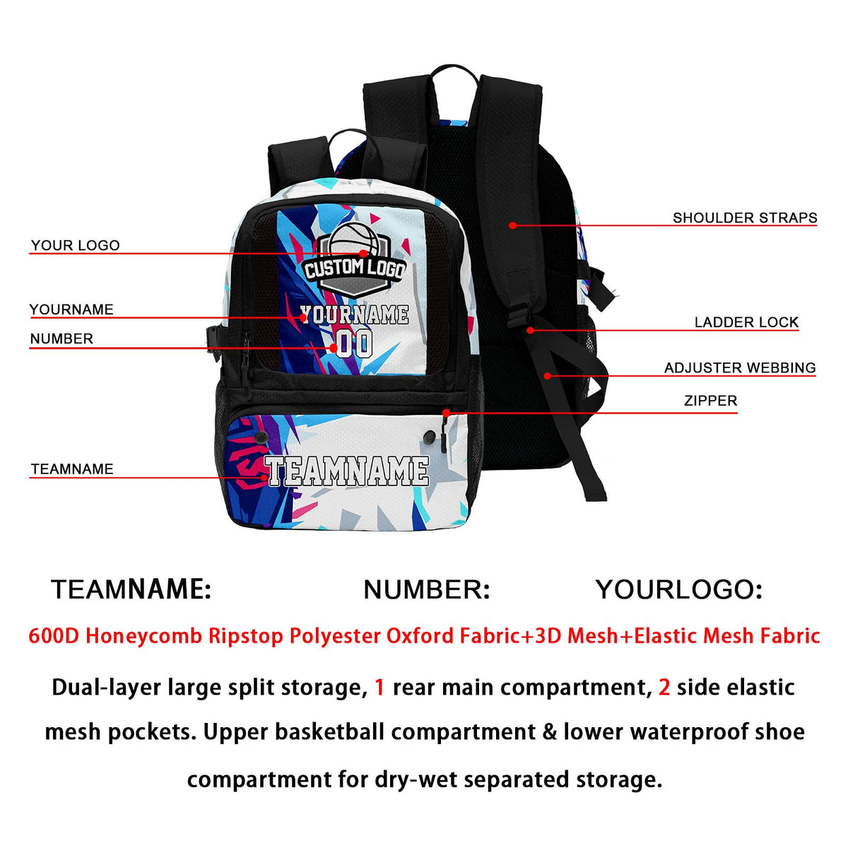 Custom Black Basketball Soccer Backpack Personalized Player Names - Numbers & Team Logo #150-BP-0914-0001