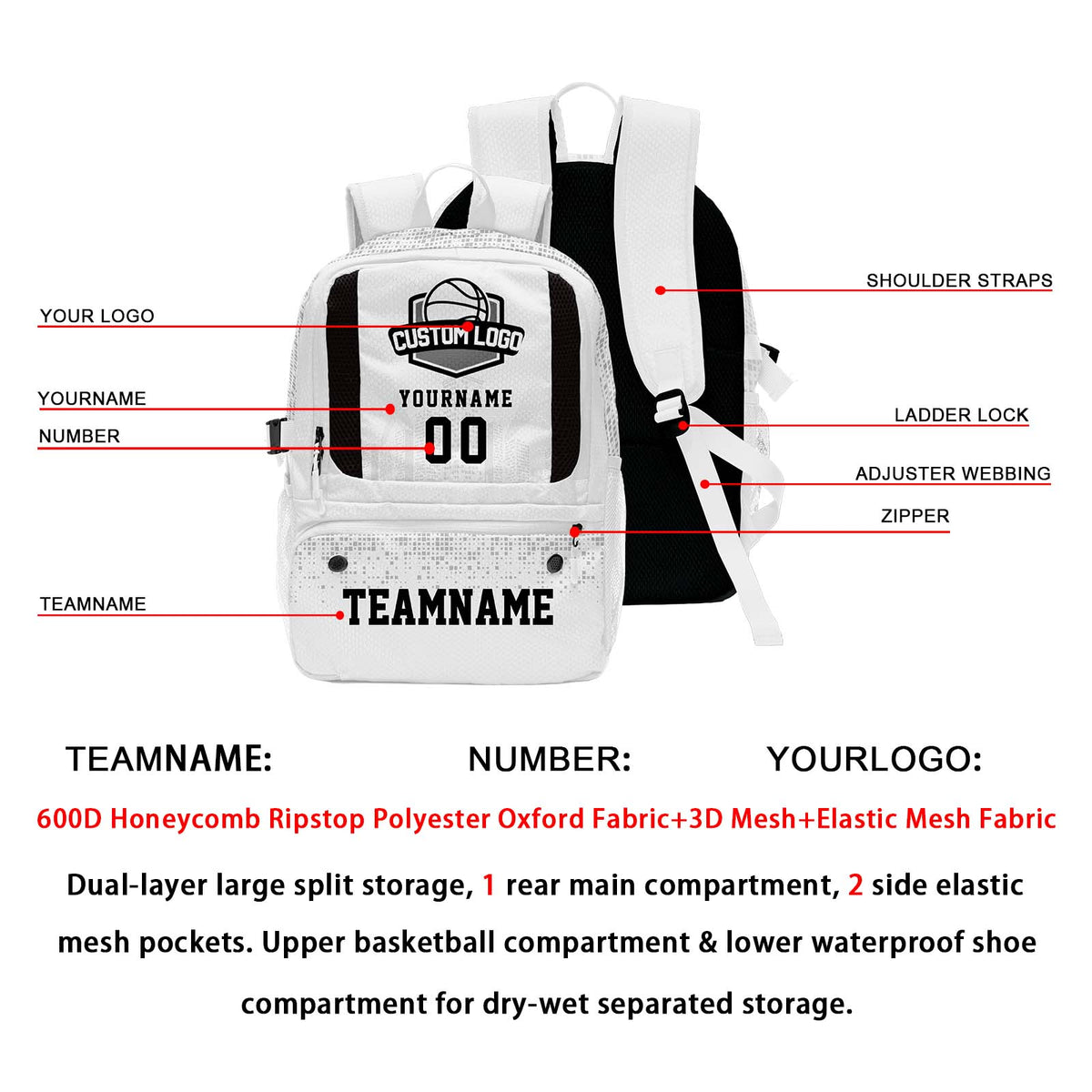 Custom White Basketball Soccer Backpack Personalized Player Names - Numbers & Team Logo #150-BP-0914-0023